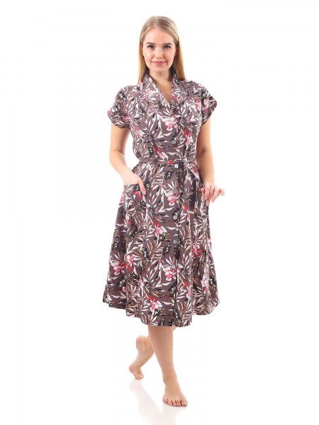 Халат женский кулирка на пуговицах Абстракция бежевый лист