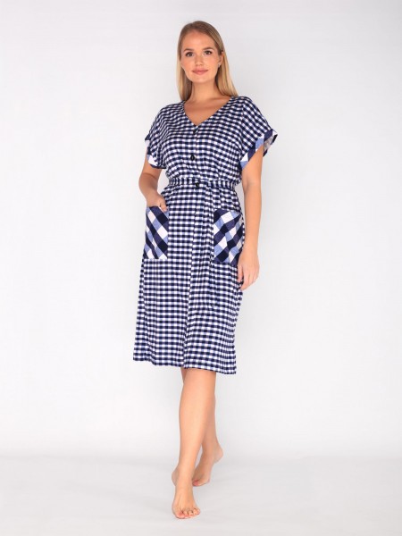 Халат женский кулирка Бьянка мелкая клетка синий