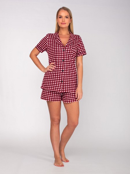 Костюм женский кулирка с шортами Олеся мелкая клетка красный