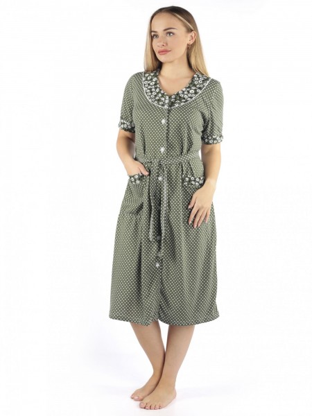 Халат женский кулирка на пуговицах Кадриль зеленый горох