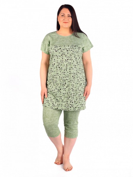 Костюм женский кулирка с бриджами Лепесток зелень 1