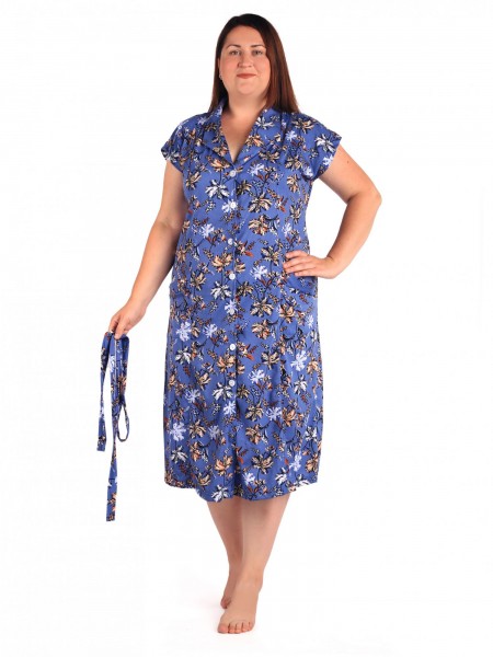 Халат женский кулирка на пуговицах Абстракция голубой цветок